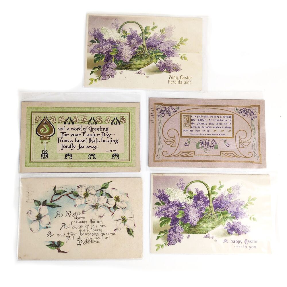 Lot 5‎ Antique Early 1900s Easter Greeting Card Postcards Floral Lilacs Art Deco